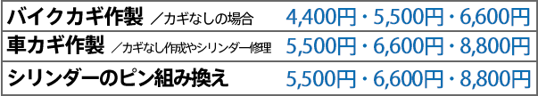 車関連業者様のシリンダー持込み大歓迎 バイク鍵作製/鍵なしの場合 料金例　4,000円・5,000円・6,000円 車鍵作製/鍵なし作製やシリンダー修理 料金例　5,000円・6,000円・8,000円